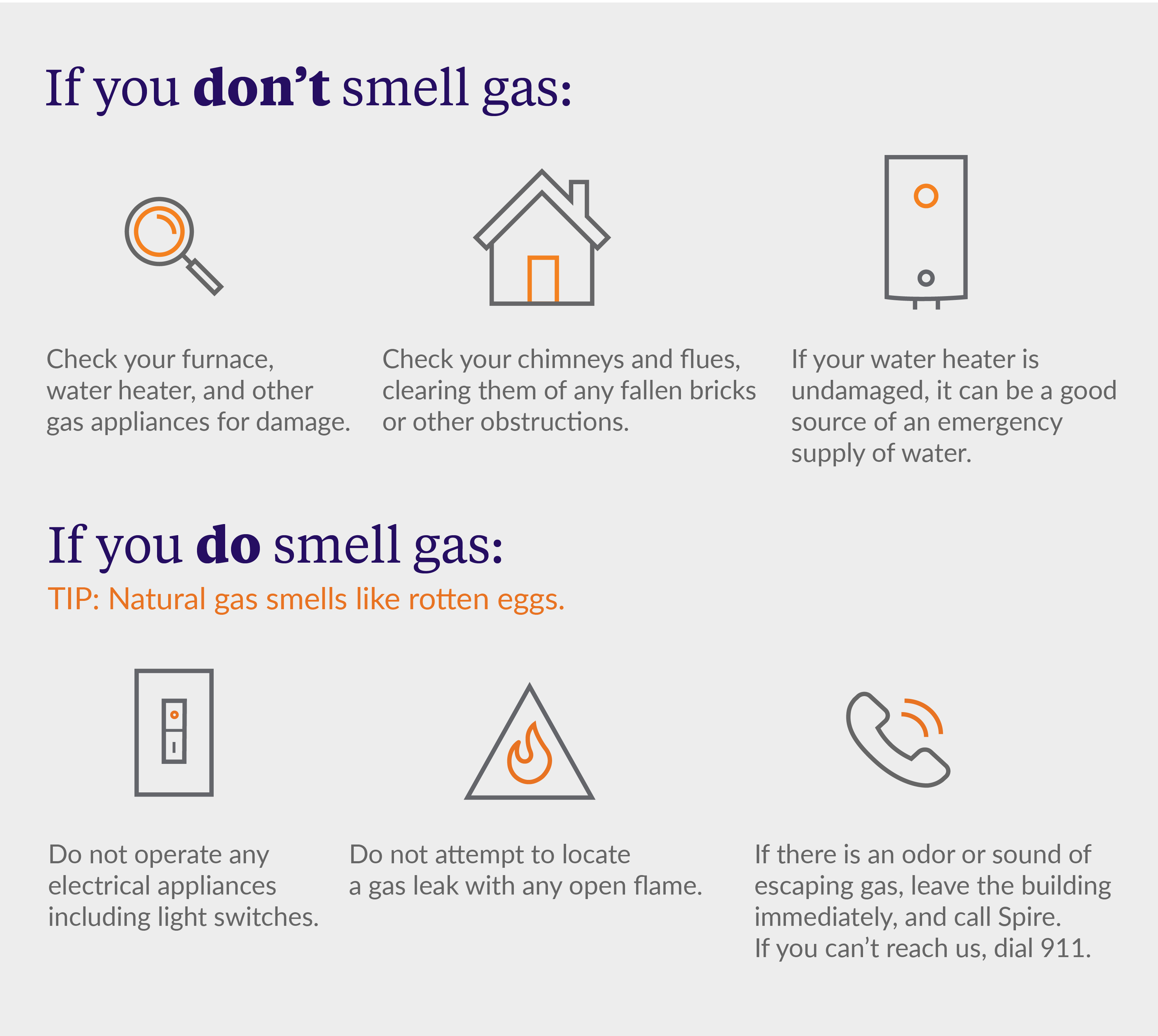 Image describes what to do if you smell natural gas after a natural disaster