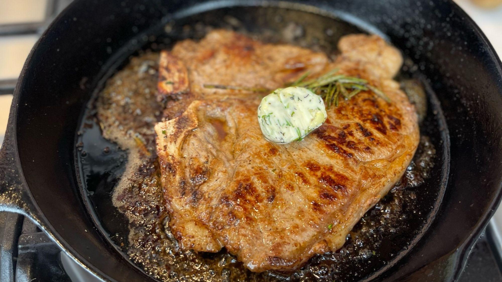 steak in a cast iron skillet
