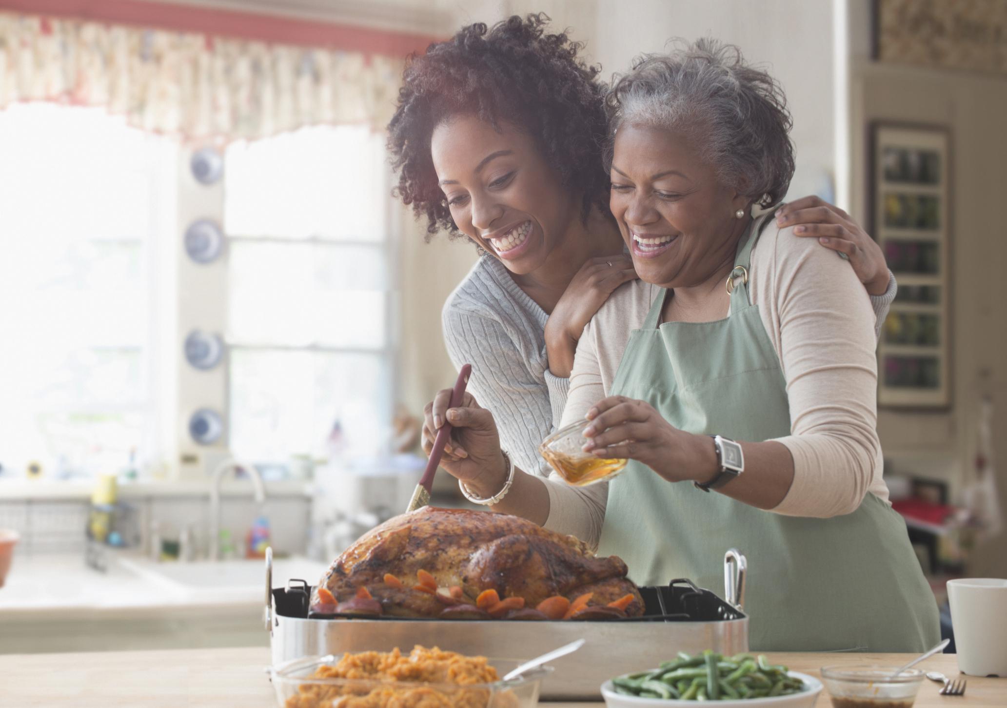 Image of a mother and daughter carving a turkey